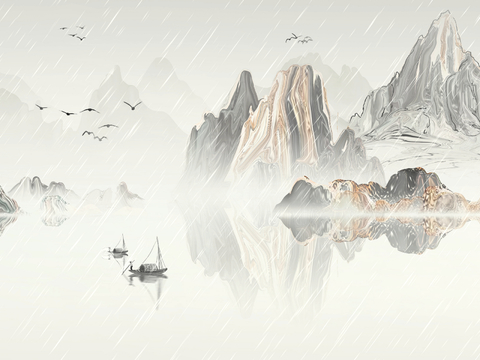  新中式壁纸壁画壁布墙纸墙布云海山水字画花鸟仙鹤荷花花鸟建筑背 