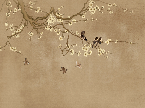 新中式壁纸壁画壁布墙纸墙布云海山水字画花鸟仙鹤荷花花鸟建筑背