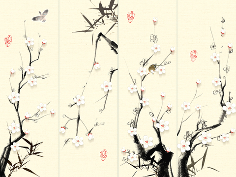  新中式壁纸壁画壁布墙纸墙布云海山水字画花鸟仙鹤荷花花鸟建筑背 