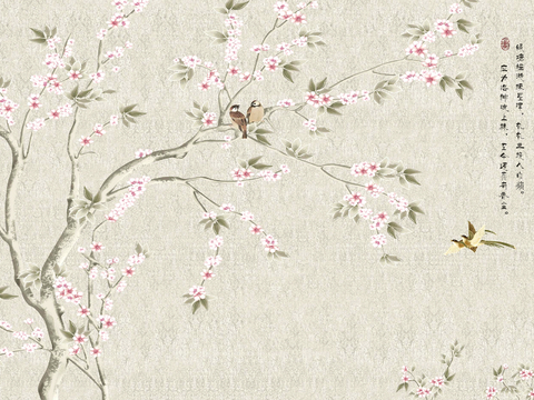  新中式壁纸壁画壁布墙纸墙布云海山水字画花鸟仙鹤荷花花鸟建筑背 
