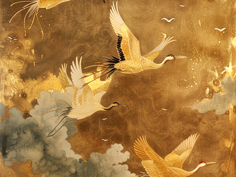  新中式壁纸壁画壁布墙纸墙布云海山水字画花鸟仙鹤荷花花鸟建筑背 