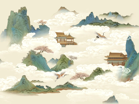 新中式壁纸壁画壁布墙纸墙布云海山水字画花鸟仙鹤荷花花鸟建筑背