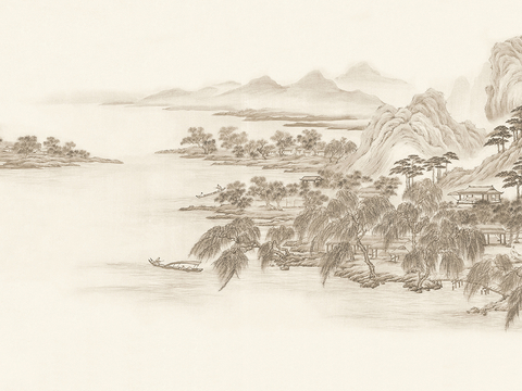  新中式壁纸壁画壁布墙纸墙布云海山水字画花鸟仙鹤荷花花鸟建筑背 