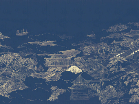  新中式壁纸壁画壁布墙纸墙布云海山水字画花鸟仙鹤荷花花鸟建筑背 