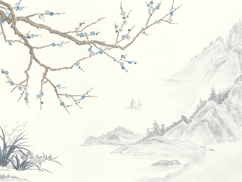  新中式壁纸壁画壁布墙纸墙布云海山水字画花鸟仙鹤荷花花鸟建筑背 