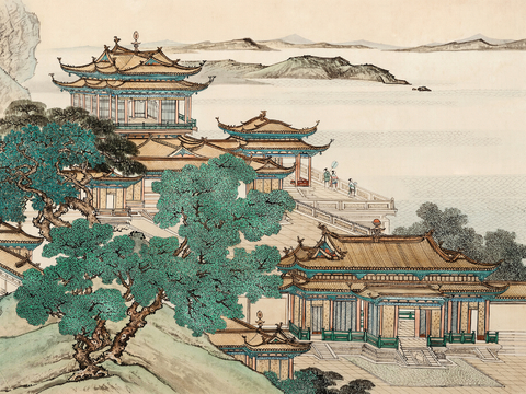  新中式壁纸壁画壁布墙纸墙布云海山水字画花鸟仙鹤荷花花鸟建筑背 