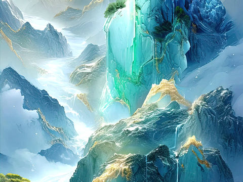  新中式壁纸壁画壁布墙纸墙布云海山水字画花鸟仙鹤荷花花鸟建筑背 