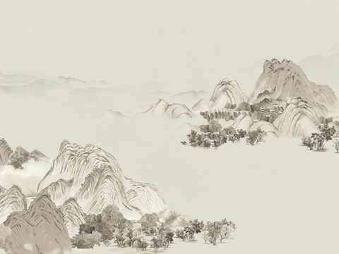  新中式壁纸壁画壁布墙纸墙布云海山水字画花鸟仙鹤荷花花鸟建筑背 