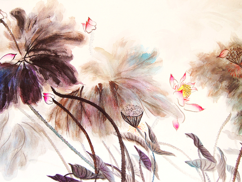  新中式壁纸壁画壁布墙纸墙布云海山水字画花鸟仙鹤荷花花鸟建筑背 