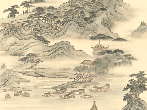  新中式壁纸壁画壁布墙纸墙布云海山水字画花鸟仙鹤荷花花鸟建筑背 