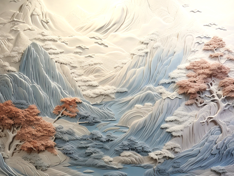 新中式壁纸壁画壁布墙纸墙布云海山水字画花鸟仙鹤荷花花鸟建筑背