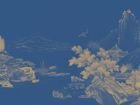  新中式壁纸壁画壁布墙纸墙布云海山水字画花鸟仙鹤荷花花鸟建筑背 