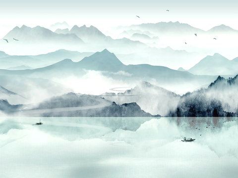  新中式壁纸壁画壁布墙纸墙布云海山水字画花鸟仙鹤荷花花鸟建筑背 