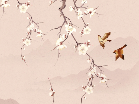  新中式壁纸壁画壁布墙纸墙布云海山水字画花鸟仙鹤荷花花鸟建筑背 