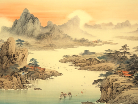  新中式壁纸壁画壁布墙纸墙布云海山水字画花鸟仙鹤荷花花鸟建筑背 