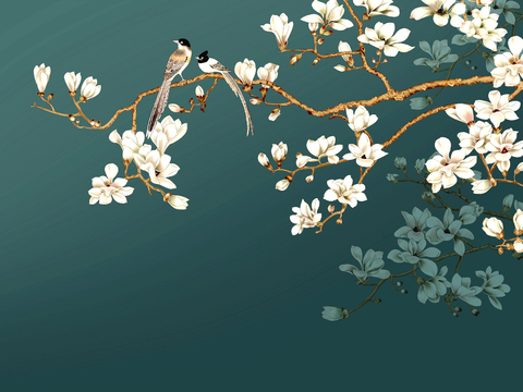  新中式壁纸壁画壁布墙纸墙布云海山水字画花鸟仙鹤荷花花鸟建筑背 