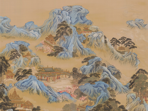  新中式壁纸壁画壁布墙纸墙布云海山水字画花鸟仙鹤荷花花鸟建筑背 