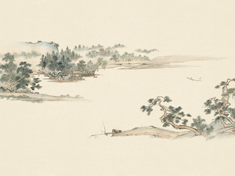 新中式壁纸壁画壁布墙纸墙布云海山水字画花鸟仙鹤荷花花鸟建筑背