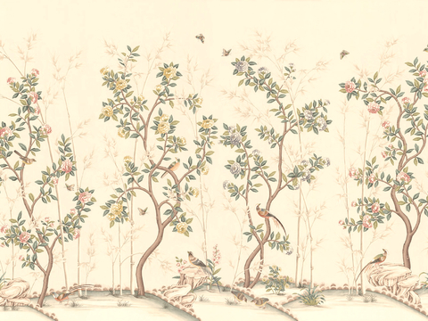  新中式壁纸壁画壁布墙纸墙布云海山水字画花鸟仙鹤荷花花鸟建筑背 