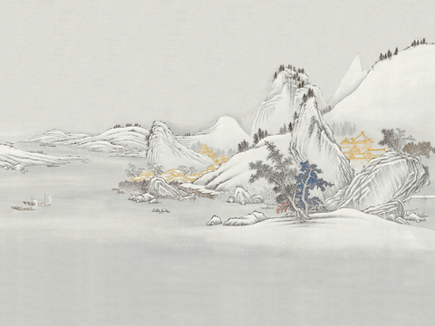  新中式壁纸壁画壁布墙纸墙布云海山水字画花鸟仙鹤荷花花鸟建筑背 