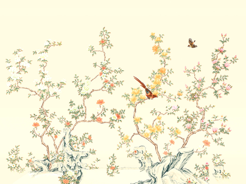  新中式壁纸壁画壁布墙纸墙布云海山水字画花鸟仙鹤荷花花鸟建筑背 