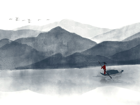 新中式壁纸壁画壁布墙纸墙布云海山水字画花鸟仙鹤荷花花鸟建筑背