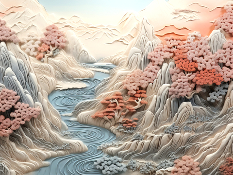 新中式壁纸壁画壁布墙纸墙布云海山水字画花鸟仙鹤荷花花鸟建筑背