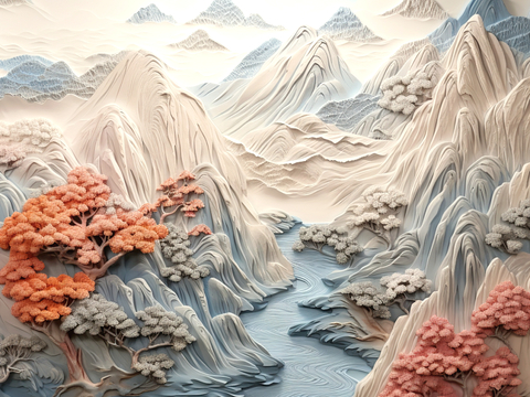 新中式壁纸壁画壁布墙纸墙布云海山水字画花鸟仙鹤荷花花鸟建筑背