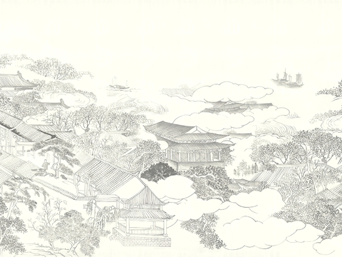  新中式壁纸壁画壁布墙纸墙布云海山水字画花鸟仙鹤荷花花鸟建筑背 