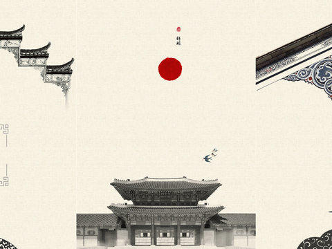  新中式壁纸壁画壁布墙纸墙布云海山水字画花鸟仙鹤荷花花鸟建筑背 