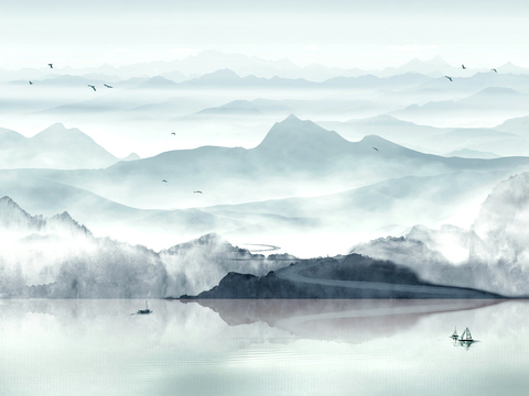  新中式壁纸壁画壁布墙纸墙布云海山水字画花鸟仙鹤荷花花鸟建筑背 