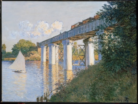 莫奈印象派绘画作品，世界经典名画539阿尔让特伊的铁路桥 美