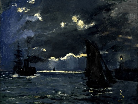 莫奈印象派绘画作品，世界经典名画55月光下的航船 苏格兰爱丁