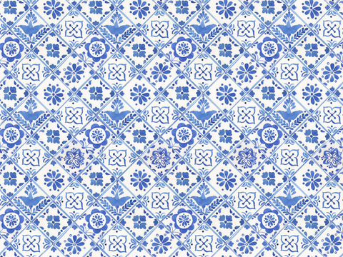 复古经典，民族风青色几何植物花纹图案花砖瓷砖2