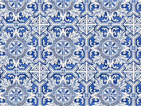 复古经典，民族风青色几何植物花纹图案花砖瓷砖25