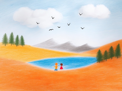 儿童房挂画手工蜡笔画手工铅笔画彩色铅笔画