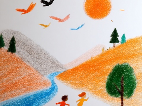 儿童房挂画手工蜡笔画手工铅笔画彩色铅笔画