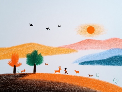 儿童房挂画手工蜡笔画手工铅笔画彩色铅笔画