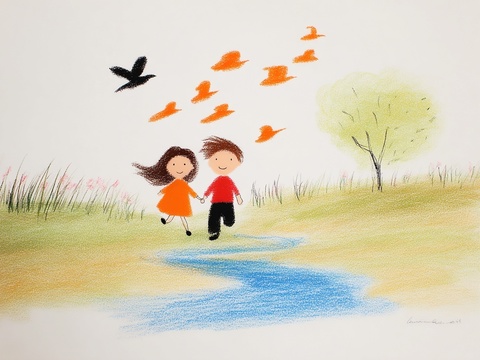 儿童房挂画手工蜡笔画手工铅笔画彩色铅笔画