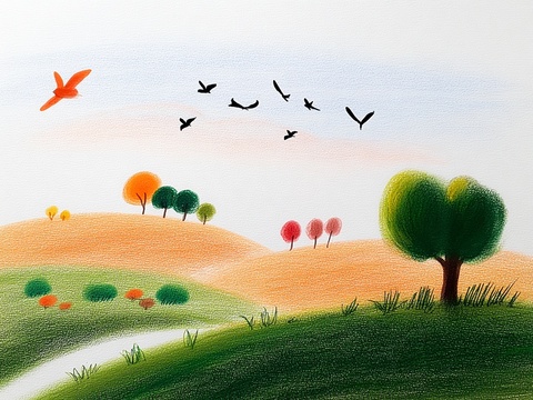 儿童房挂画手工蜡笔画手工铅笔画彩色铅笔画