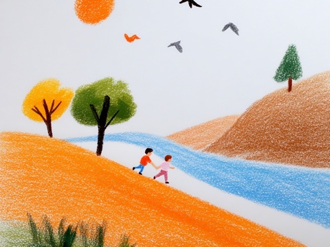 儿童房挂画手工蜡笔画手工铅笔画彩色铅笔画