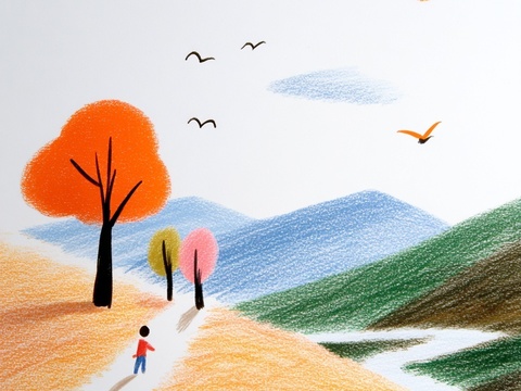 儿童房挂画手工蜡笔画手工铅笔画彩色铅笔画