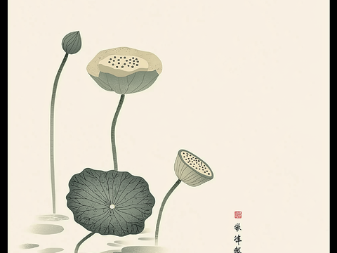  高清中式荷叶莲花水墨画 