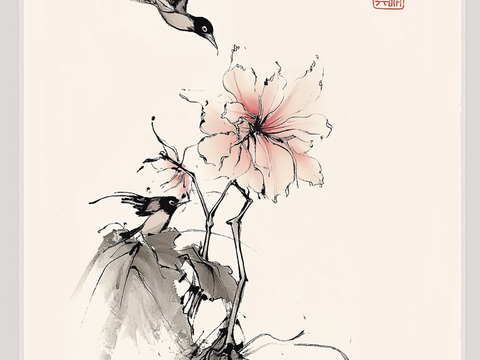  高清中式花鸟水墨画 