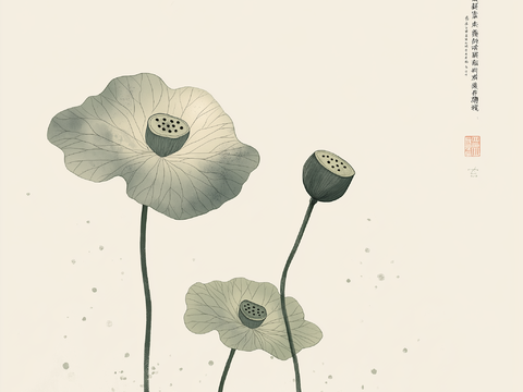  高清中式荷叶莲花水墨画 