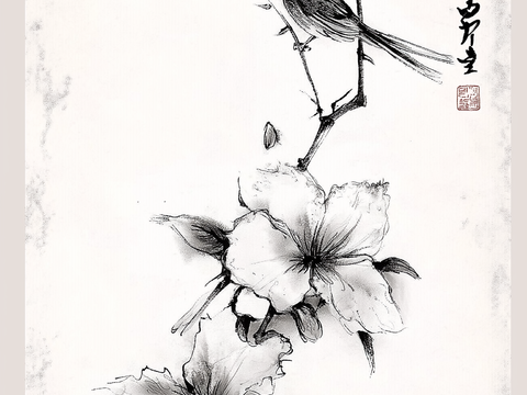  高清中式花鸟水墨画 