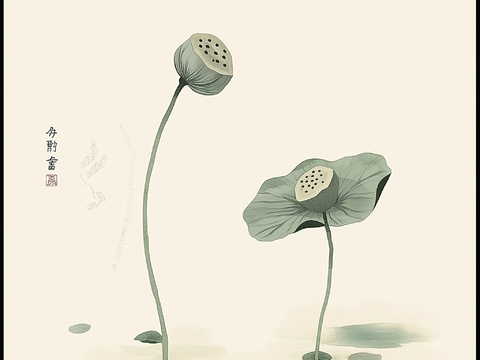  高清中式荷叶莲花水墨画 