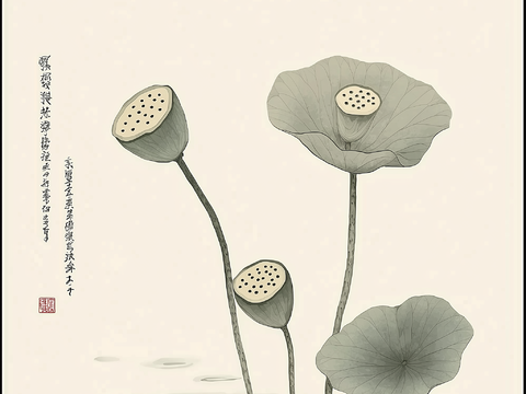  高清中式荷叶莲花水墨画 