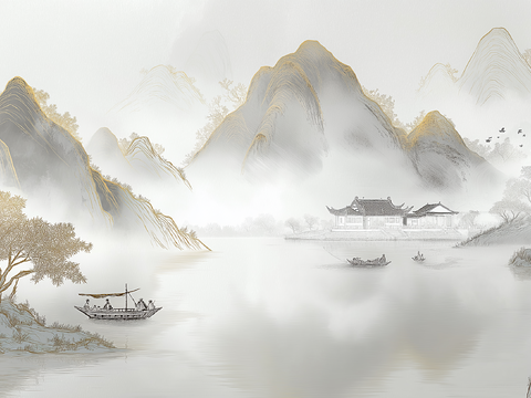 高清中式壁画软包墙布贴图