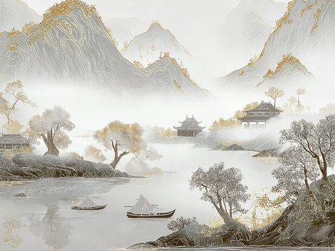 高清中式壁画软包墙布贴图